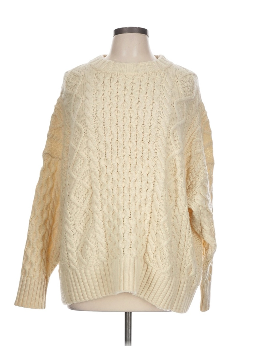 J. Crew Oversized Cable Knit Crewneck Sweater Size L-XL Cream Fall Fisherman